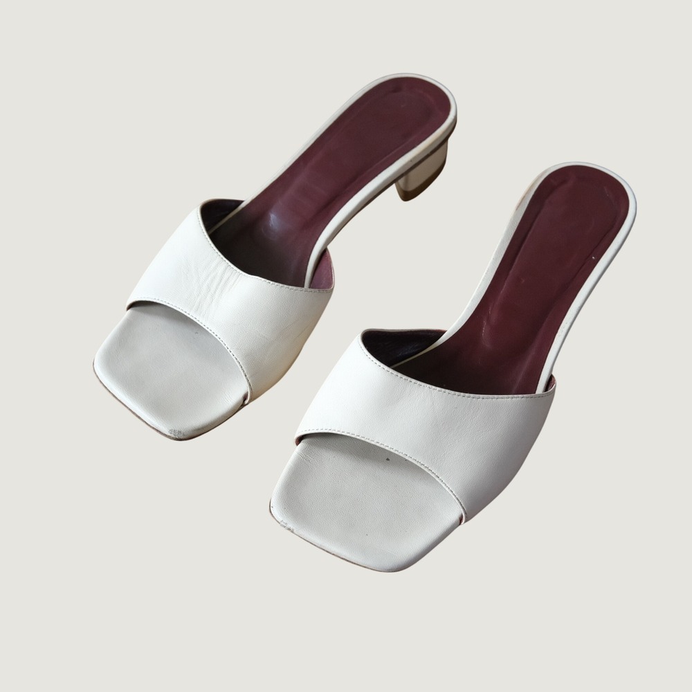 STAUD Simone Mules Cream Leather Square Open Toe Low Block Heel Size 36 Portugal